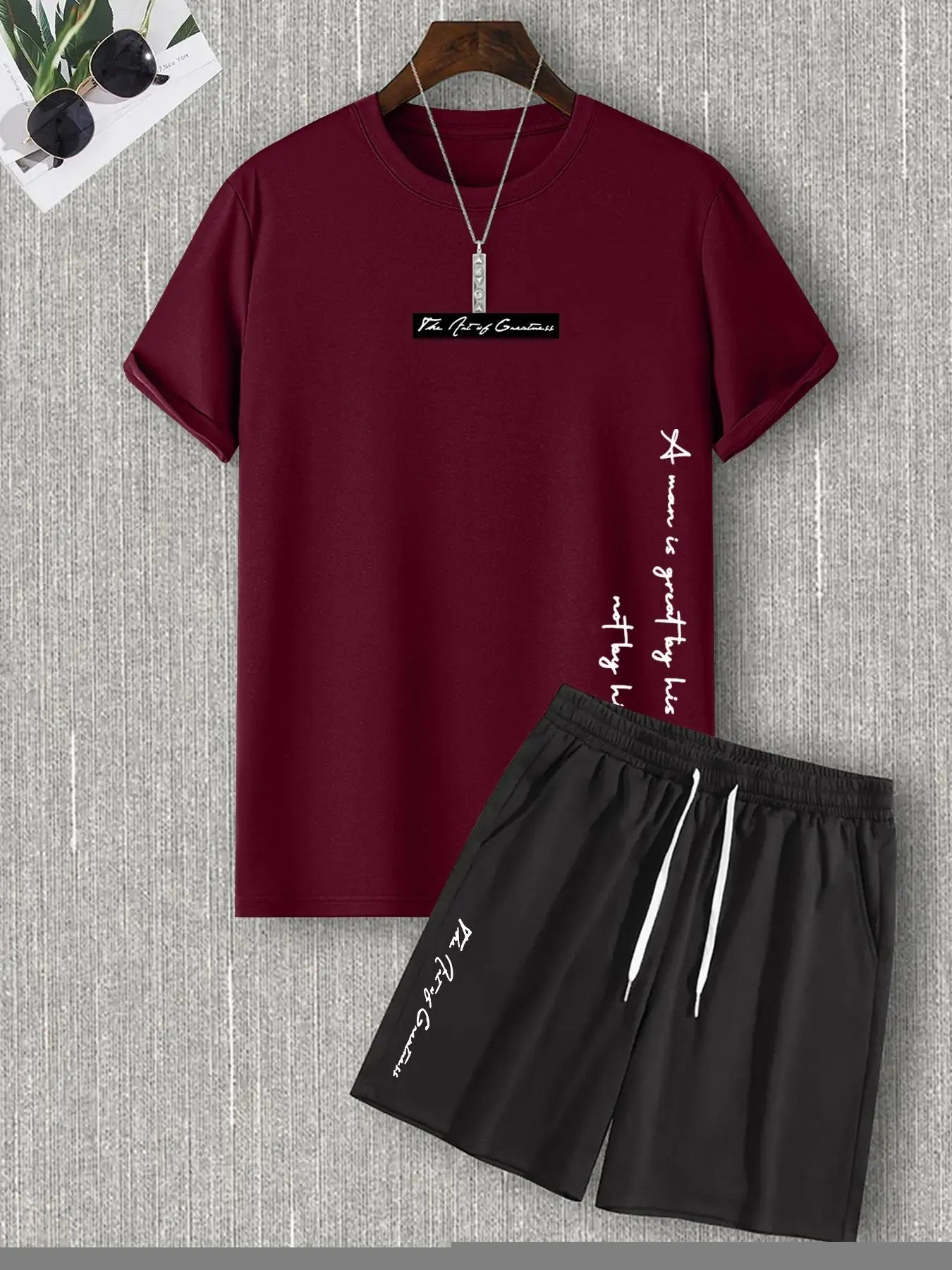 Two Counts Men'S Letter Print Tee & Drawstring Pocket Shorts Set, Regular Fit Streetwear Casual Short Sleeve T-Shirt & Shorts, Men'S Designer Outfits Set, Men Summer Outfits 2024