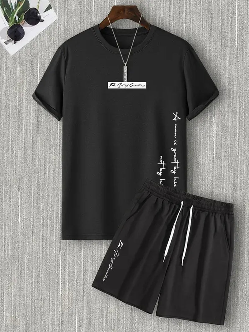 Two Counts Men'S Letter Print Tee & Drawstring Pocket Shorts Set, Regular Fit Streetwear Casual Short Sleeve T-Shirt & Shorts, Men'S Designer Outfits Set, Men Summer Outfits 2024