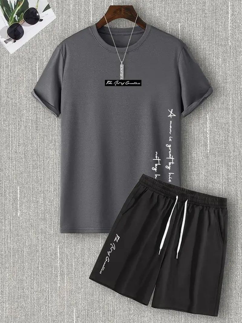 Two Counts Men'S Letter Print Tee & Drawstring Pocket Shorts Set, Regular Fit Streetwear Casual Short Sleeve T-Shirt & Shorts, Men'S Designer Outfits Set, Men Summer Outfits 2024