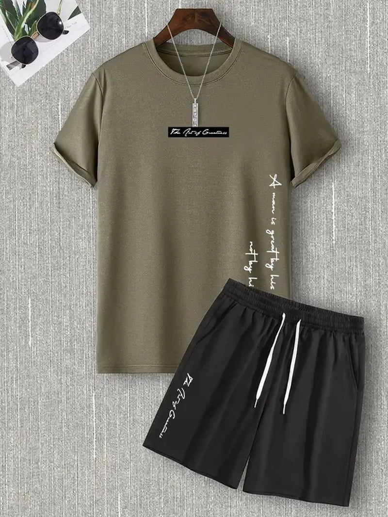 Two Counts Men'S Letter Print Tee & Drawstring Pocket Shorts Set, Regular Fit Streetwear Casual Short Sleeve T-Shirt & Shorts, Men'S Designer Outfits Set, Men Summer Outfits 2024