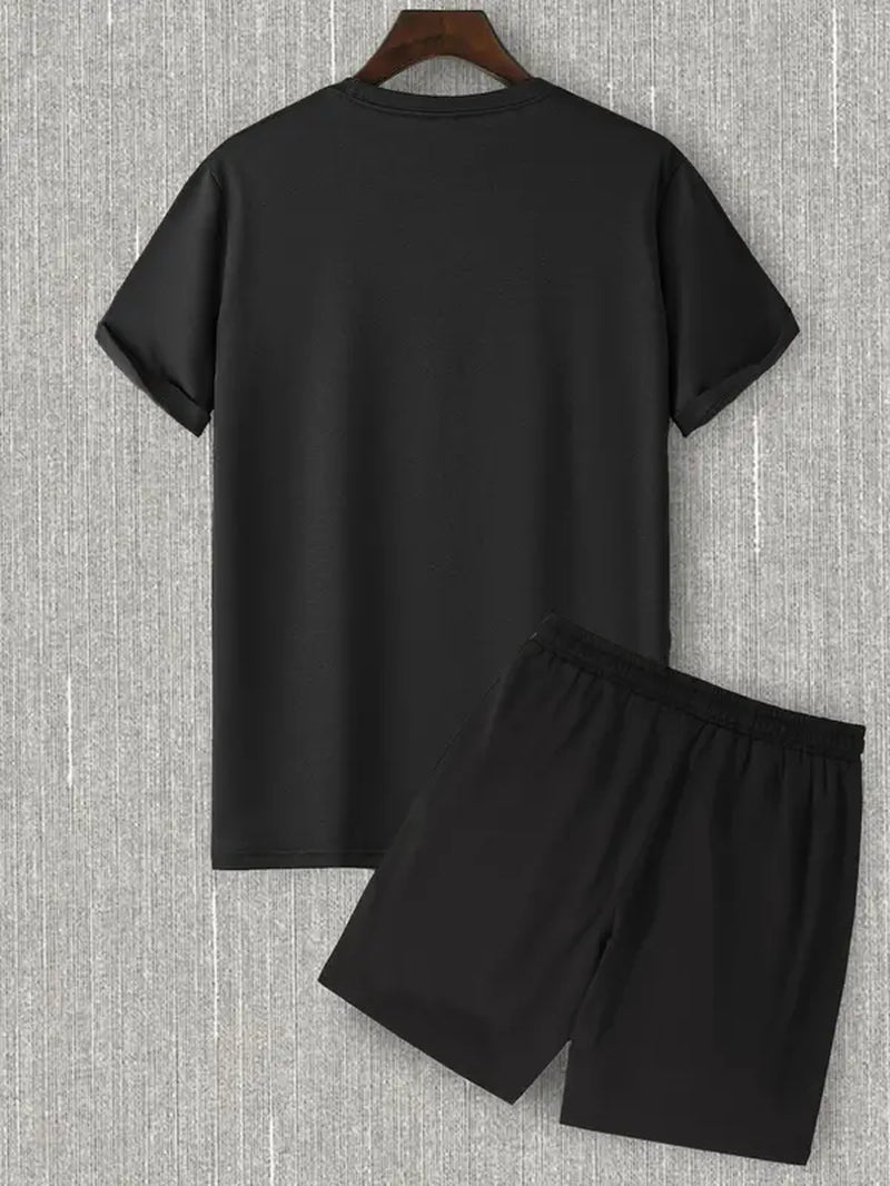 Two Counts Men'S Letter Print Tee & Drawstring Pocket Shorts Set, Regular Fit Streetwear Casual Short Sleeve T-Shirt & Shorts, Men'S Designer Outfits Set, Men Summer Outfits 2024