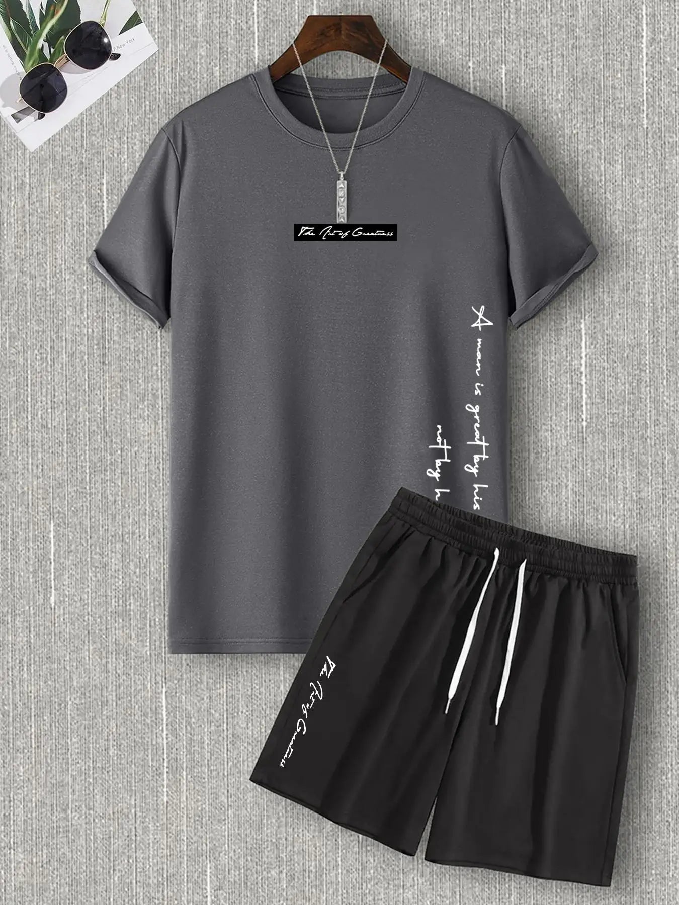 Two Counts Men'S Letter Print Tee & Drawstring Pocket Shorts Set, Regular Fit Streetwear Casual Short Sleeve T-Shirt & Shorts, Men'S Designer Outfits Set, Men Summer Outfits 2024