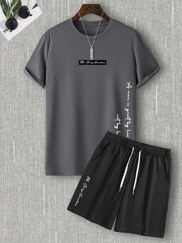Two Counts Men'S Letter Print Tee & Drawstring Pocket Shorts Set, Regular Fit Streetwear Casual Short Sleeve T-Shirt & Shorts, Men'S Designer Outfits Set, Men Summer Outfits 2024