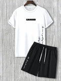 Two Counts Men'S Letter Print Tee & Drawstring Pocket Shorts Set, Regular Fit Streetwear Casual Short Sleeve T-Shirt & Shorts, Men'S Designer Outfits Set, Men Summer Outfits 2024