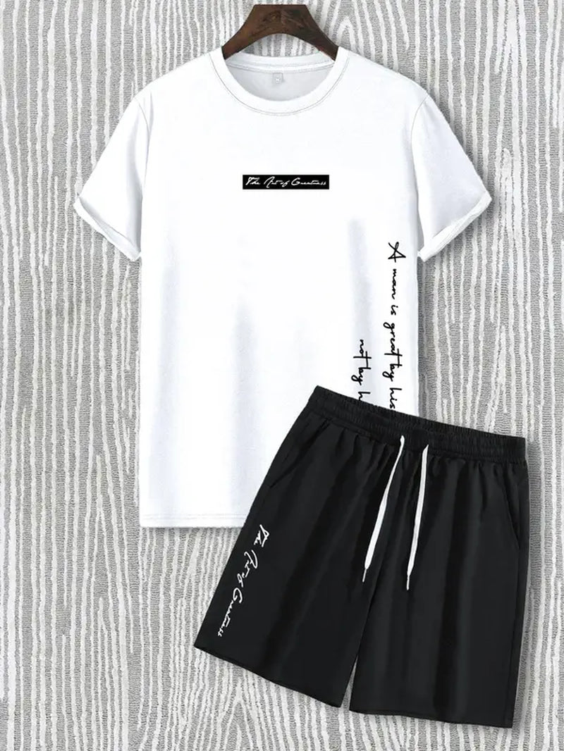 Two Counts Men'S Letter Print Tee & Drawstring Pocket Shorts Set, Regular Fit Streetwear Casual Short Sleeve T-Shirt & Shorts, Men'S Designer Outfits Set, Men Summer Outfits 2024