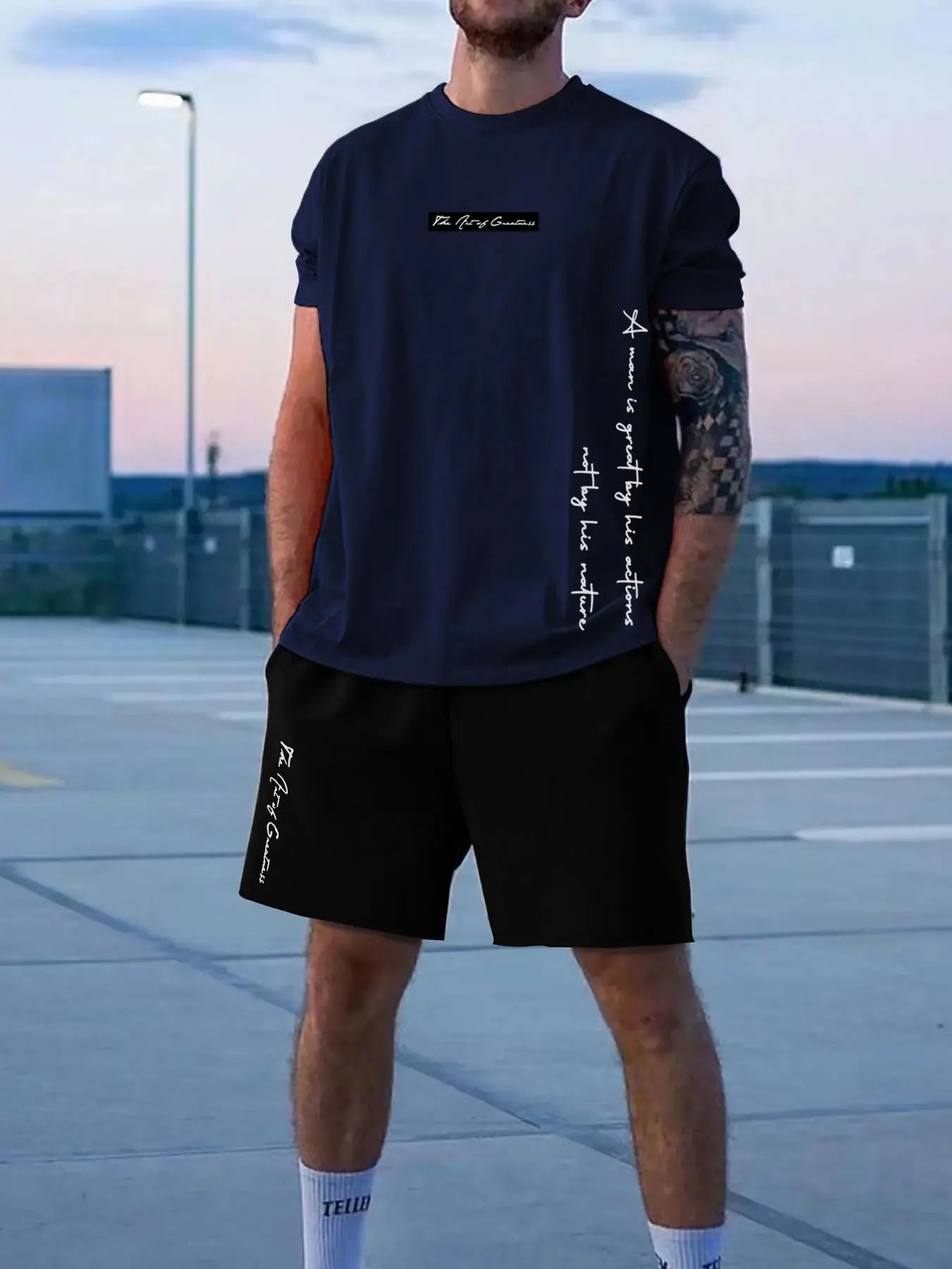 Two Counts Men'S Letter Print Tee & Drawstring Pocket Shorts Set, Regular Fit Streetwear Casual Short Sleeve T-Shirt & Shorts, Men'S Designer Outfits Set, Men Summer Outfits 2024
