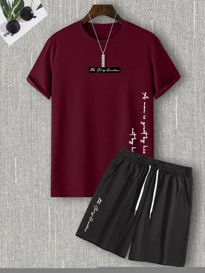 Two Counts Men'S Letter Print Tee & Drawstring Pocket Shorts Set, Regular Fit Streetwear Casual Short Sleeve T-Shirt & Shorts, Men'S Designer Outfits Set, Men Summer Outfits 2024